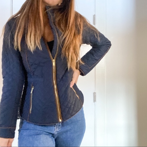H&M Jackets & Blazers - H&M Navy Blue with Tan Piping Detail Quilted Zip-front Jacket Coat, Sz 10